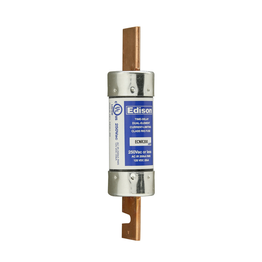 Eaton Edison ECNR fuse, Time-delay current-limiting fuse, Superior overload and cycling capabilities, 200 A, Dual, Class RK5, Non-indicating, Blade end x blade end, 10 sec at 500%, 200 kAIC, Standard, 250 V, 125 Vdc