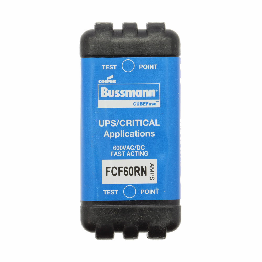Eaton Bussmann series FCF fuse CUBEFuse, Finger safe, power loss 7.27 w, Critical/UPS, 60 A, 60 Hz, 50 Hz, 1 , CF, Black, Blade end, 6 min at 200%, 50 kAIC at 600 Vdc,300 kAIC at 600 V, Glass filled PES