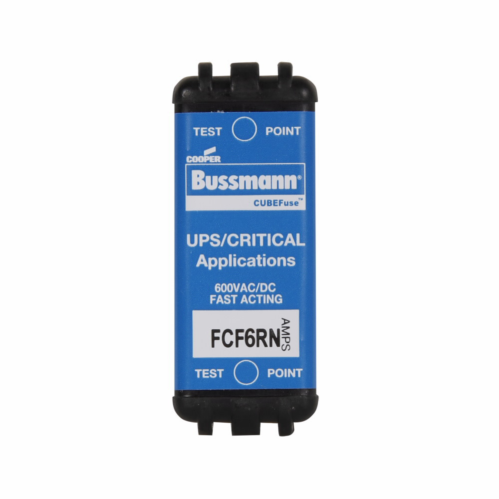 Eaton Bussmann series FCF fuse, 6 A, 60 Hz, 50 Hz, 1 , CF, Black, Non-indicating, Electroless tin plated copper alloy terminal, Blade end, 4 min at 200%, 50 kAIC at 600 Vdc,300 kAIC at 600 V, Glass filled PES, Standard, 600 V, 600 Vdc