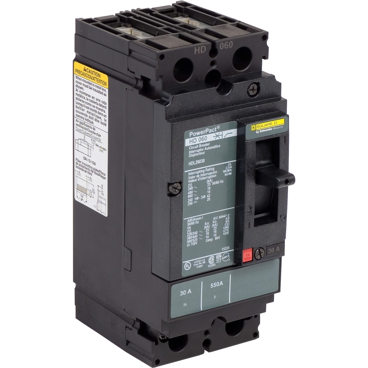 Circuit breaker, PowerPacT H, 30A, 2 pole, 600VAC, 14kA, lugs, thermal magnetic, 100%