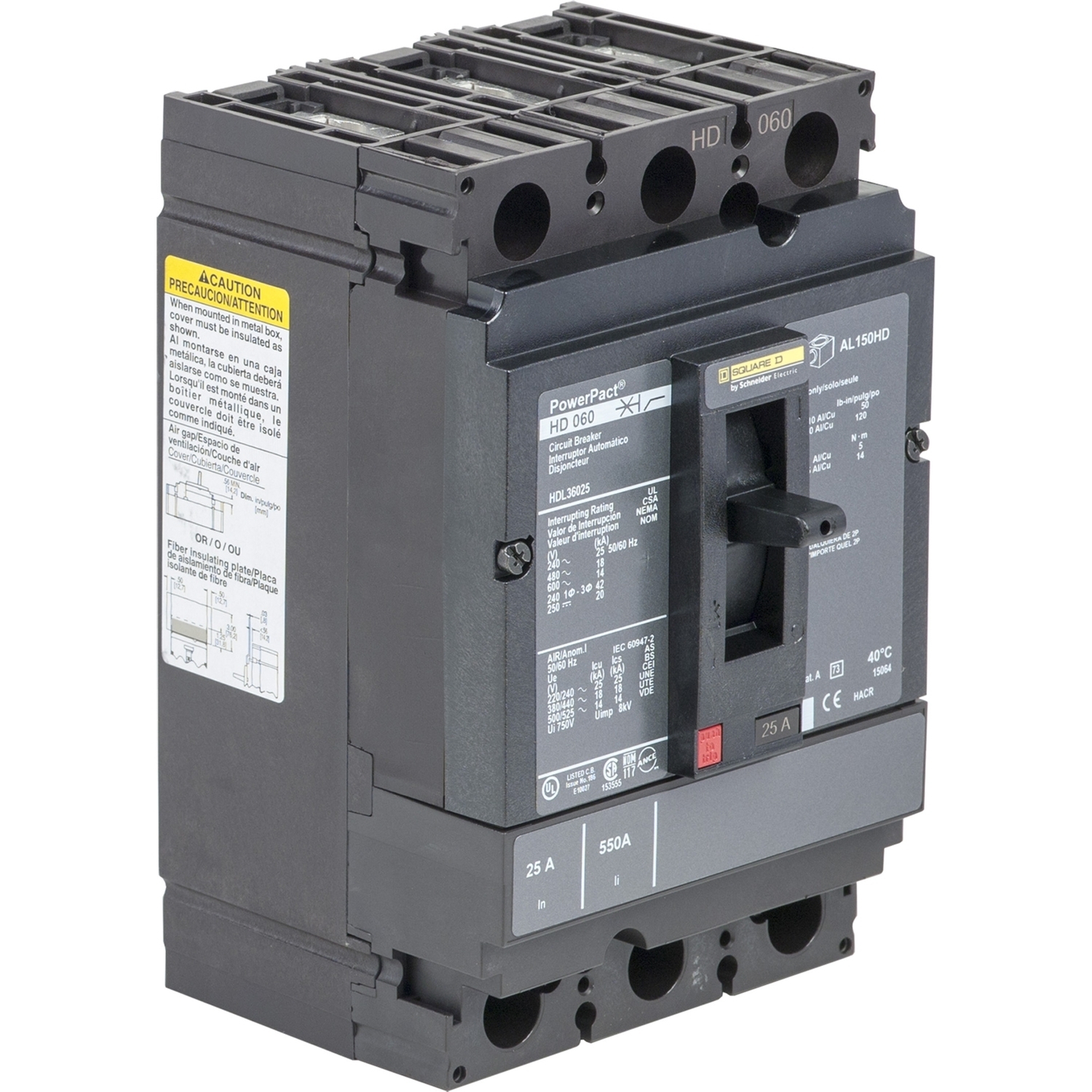 Circuit breaker, PowerPacT H, 60A, 3 pole, 600VAC, 14kA, lugs, thermal magnetic, 100%