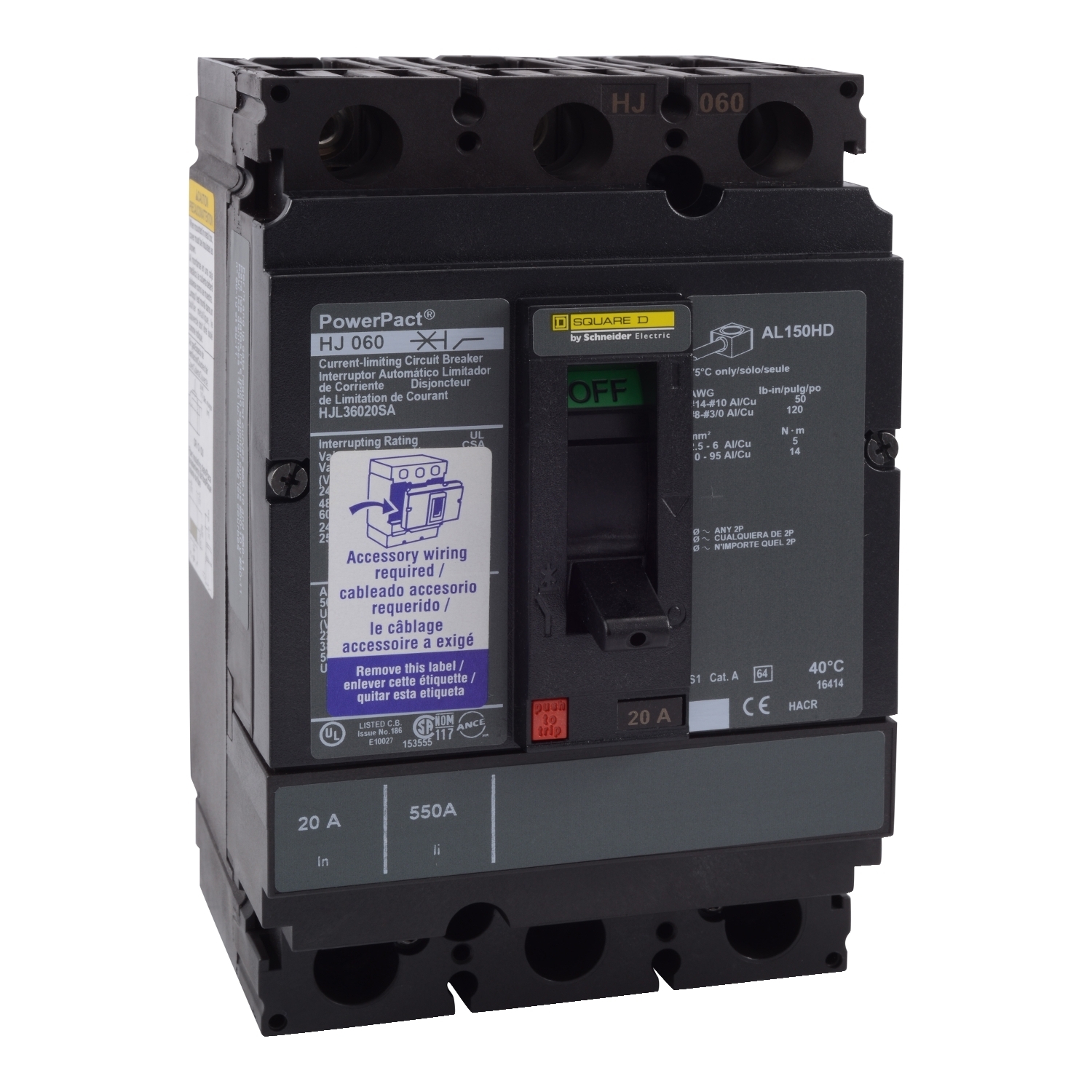 Circuit breaker, PowerPacT H, 100A, 3 pole, 600VAC, 25kA, lugs, thermal magnetic, 80%, shunt