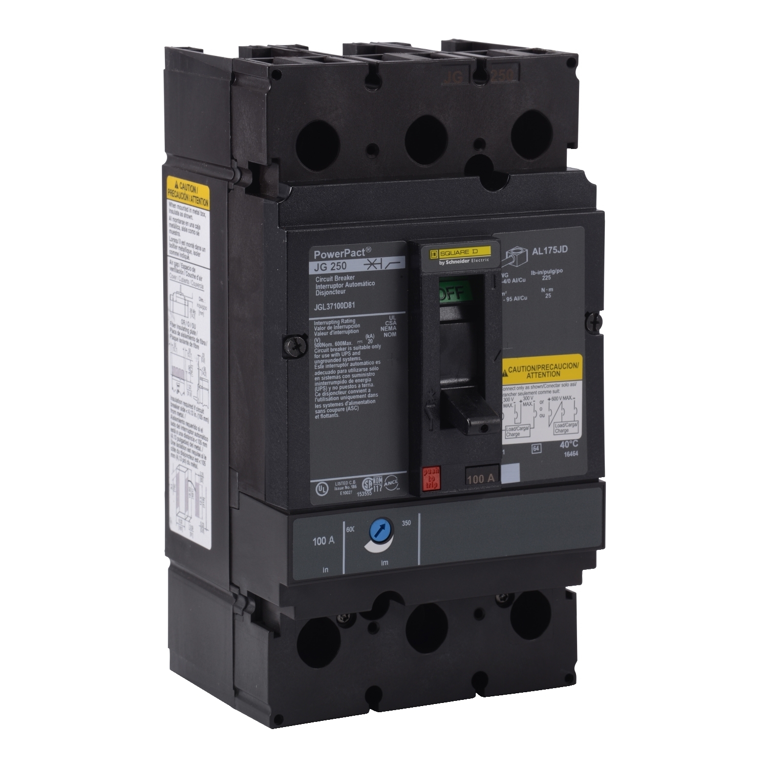 Circuit breaker, PowerPacT J, 125A, 3 pole, 500VDC, 20kA, lugs, thermal magnetic, 80%