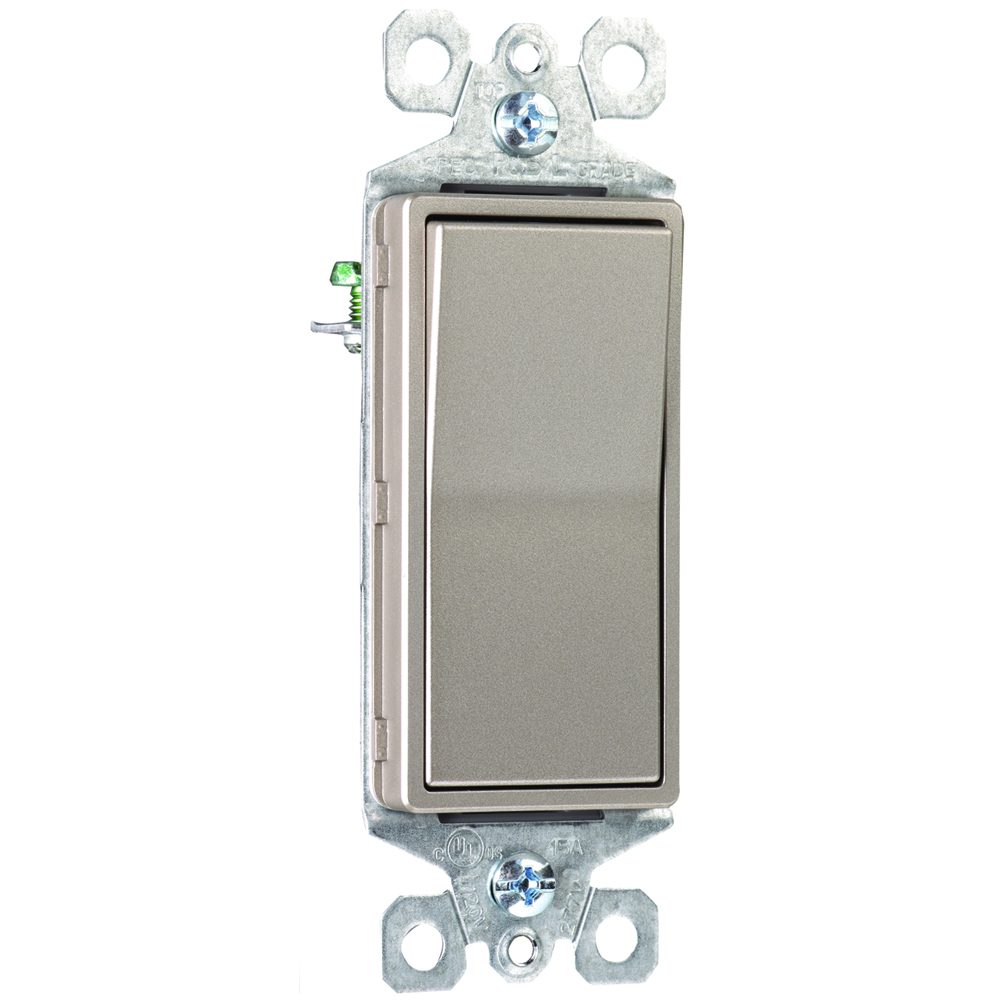 NickelDecorator Switch,Single Pole15amp, 120/277VAC with ground, side and, back wire. Our complete line of Decorator devices combine today's design aesthetics with ease of installation, reliability, and performance that never goes out of style.