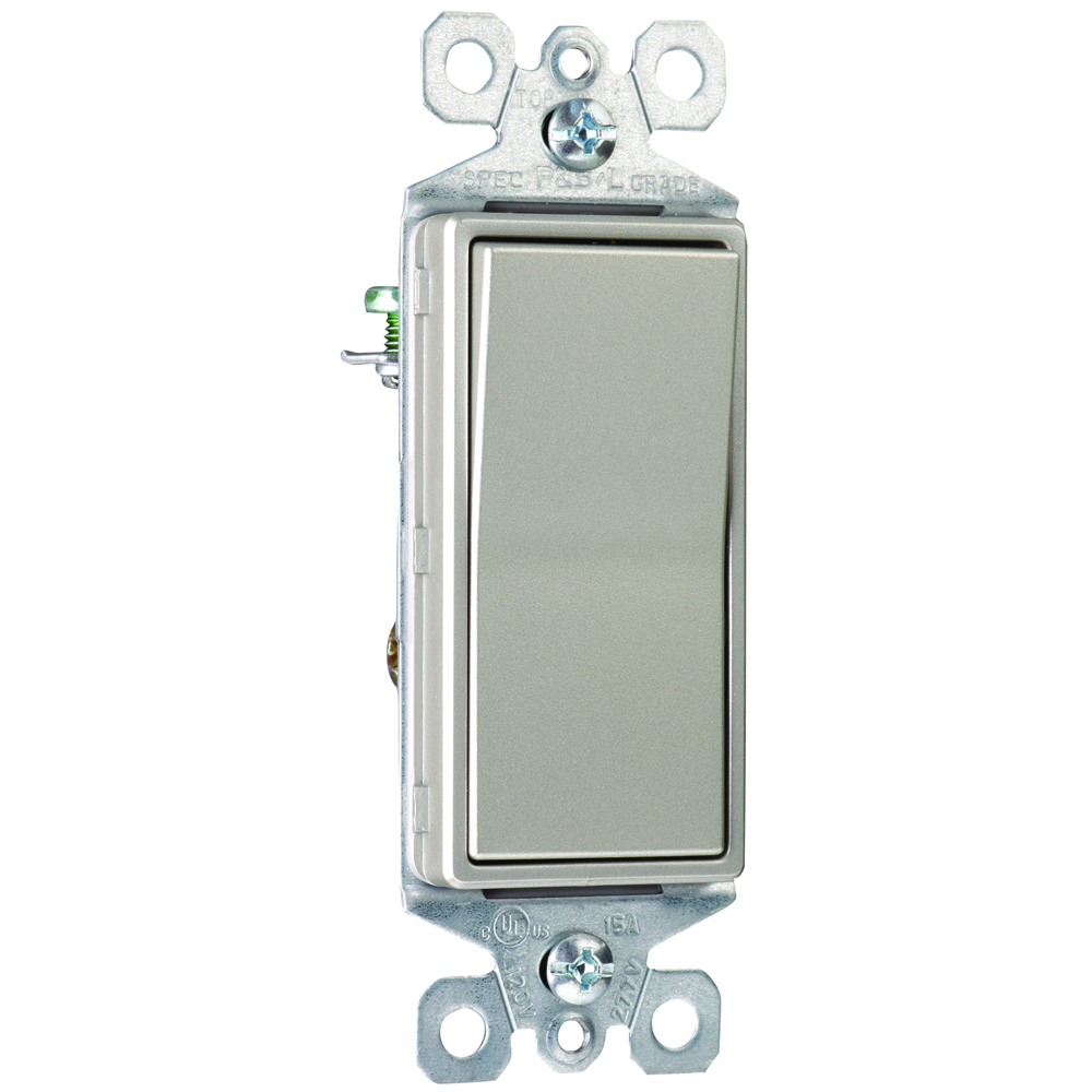 NickelDecorator Switch, 3-Way 15amp, 120/277VAC with ground, side and, back wire. Our complete line of Decorator devices combine today's design aesthetics with ease of installation, reliability, and performance that never goes out of style.