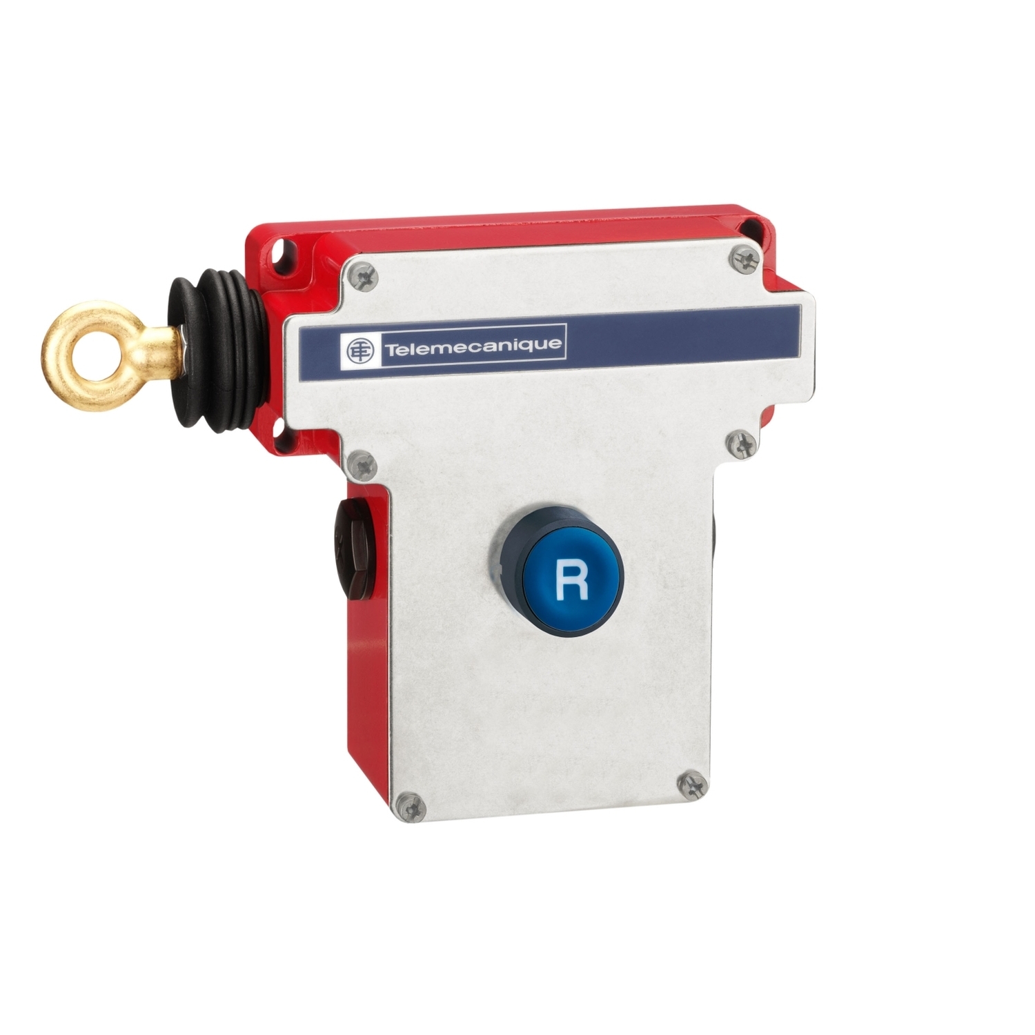 Latching emergency stop rope pull switch, Telemecanique rope pull switches XY2C, e XY2CE, LH side -1NC+1 NO, Flush pushbutton