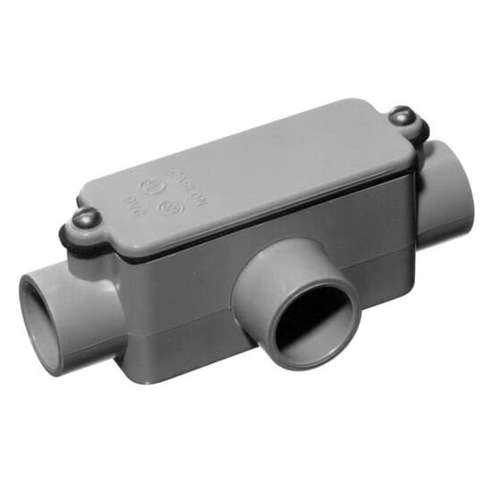 Type T Conduit Body, Volume 63 Cubic Inches, Size 2 Inches, Length 10-5/16 Inches, Material PVC, Color Gray, For use with Schedule 40 and 80 Conduit