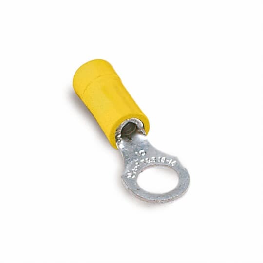 Nylon Insulated Expanded Entry Ring Terminal, Length 1.10 Inches, Width .37 Inches, Maximum Insulation .250, Bolt Hole #10, Wire Range #12-#10 AWG, Color Yellow, Copper, Tin Plated