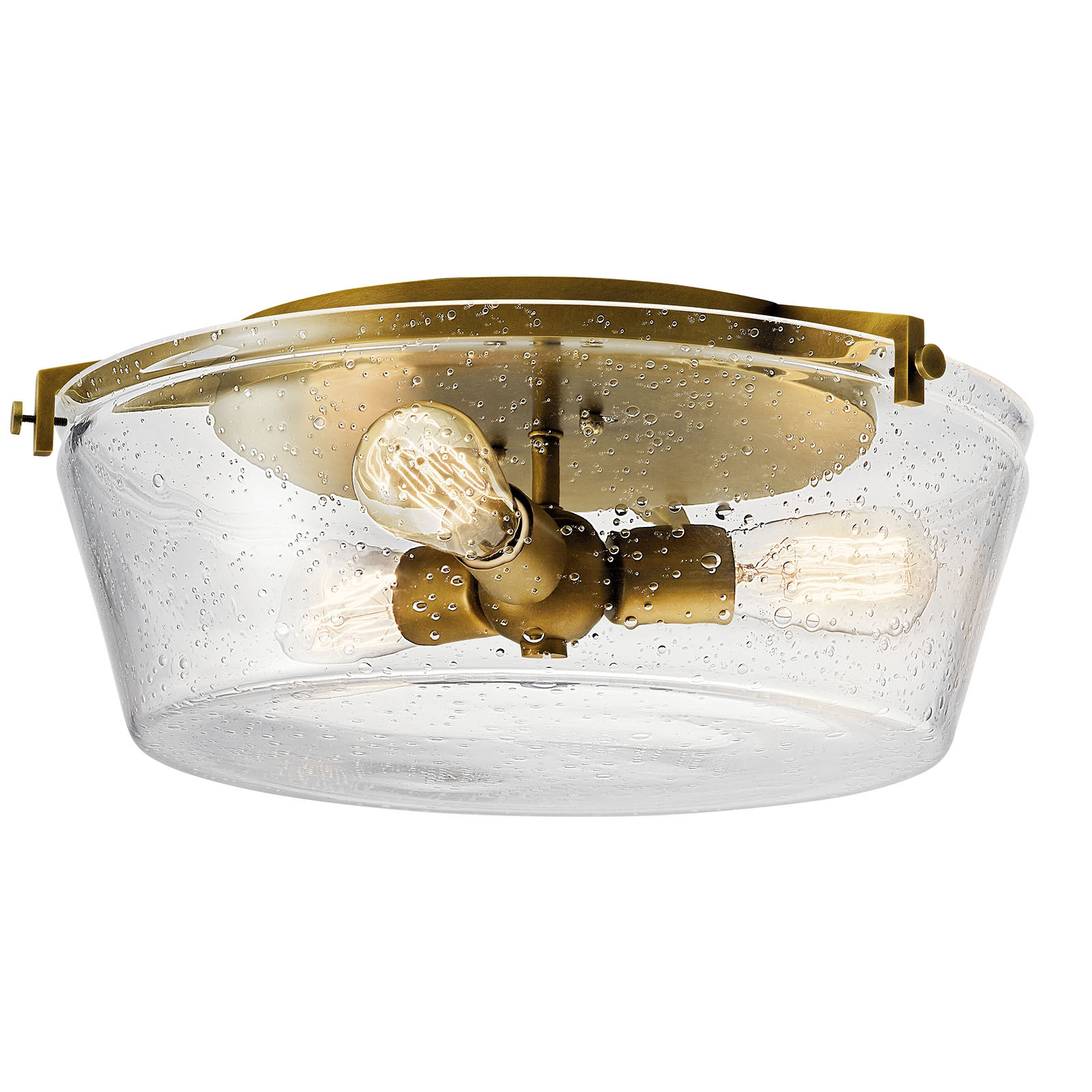 This Alton 3 light flush mount ceiling light in Natural Brass combines industrial-era detailing and soft modern style. While itfts in;nuts & boltin; hardware accents create a look that works in both traditional or modern baths.