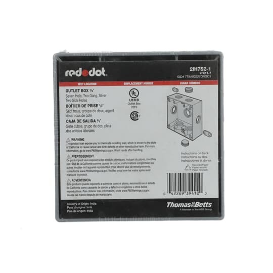 Two Gang Universal Weatherproof Box, 31 Cubic Inches, Hub Size 1/2 Inch, Silver, Aluminum, 7 Outlets (2-Sides) with 2 on Top and Bottom and 1 on Both Sides, and Back