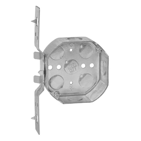 Octagon Box, 15.8 Cubic Inches, 4 Inch Diameter x 1-1/2 Inches Deep, 1/2 Inch Knockouts, Pre-Galvanized Steel, Drawn Construction, V Bracket, For use with Conduit