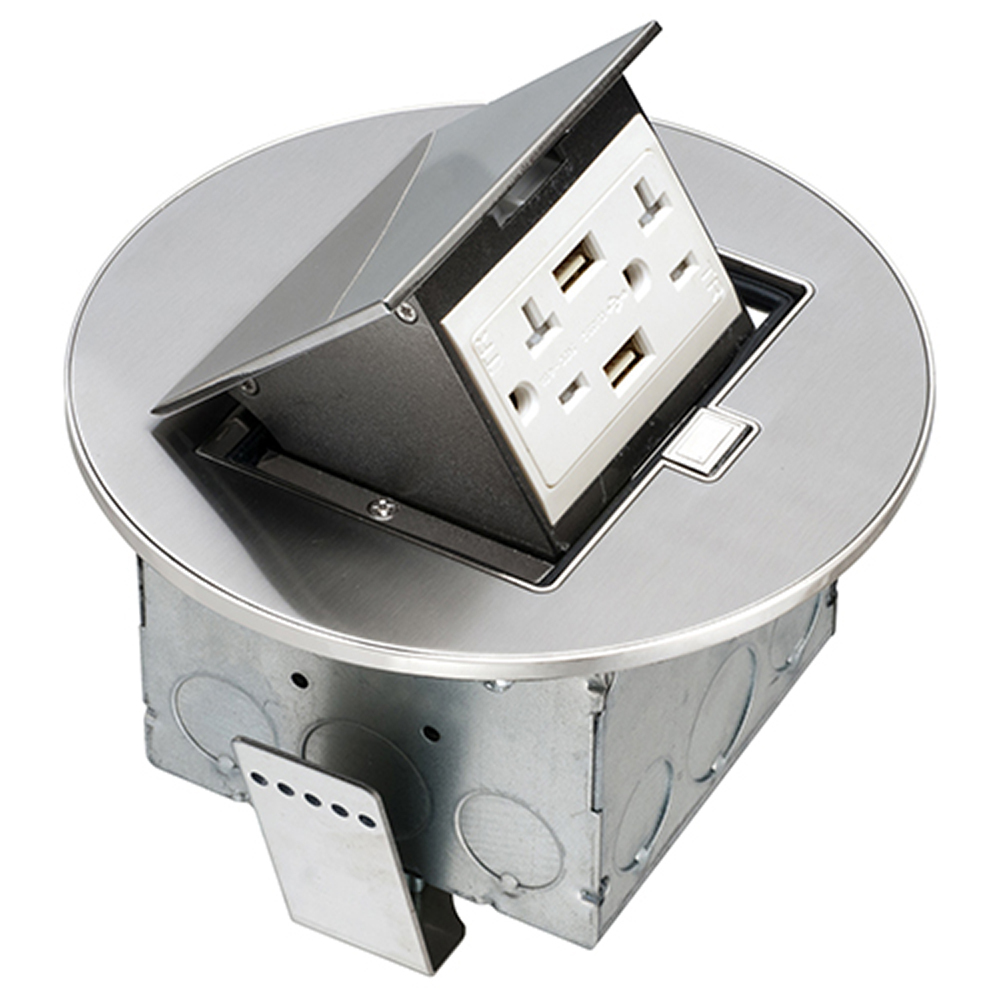 Round stainless steel counter top box. Comes with a 20 amp tamper resistant decorator style receptacle with (2) USB ports.