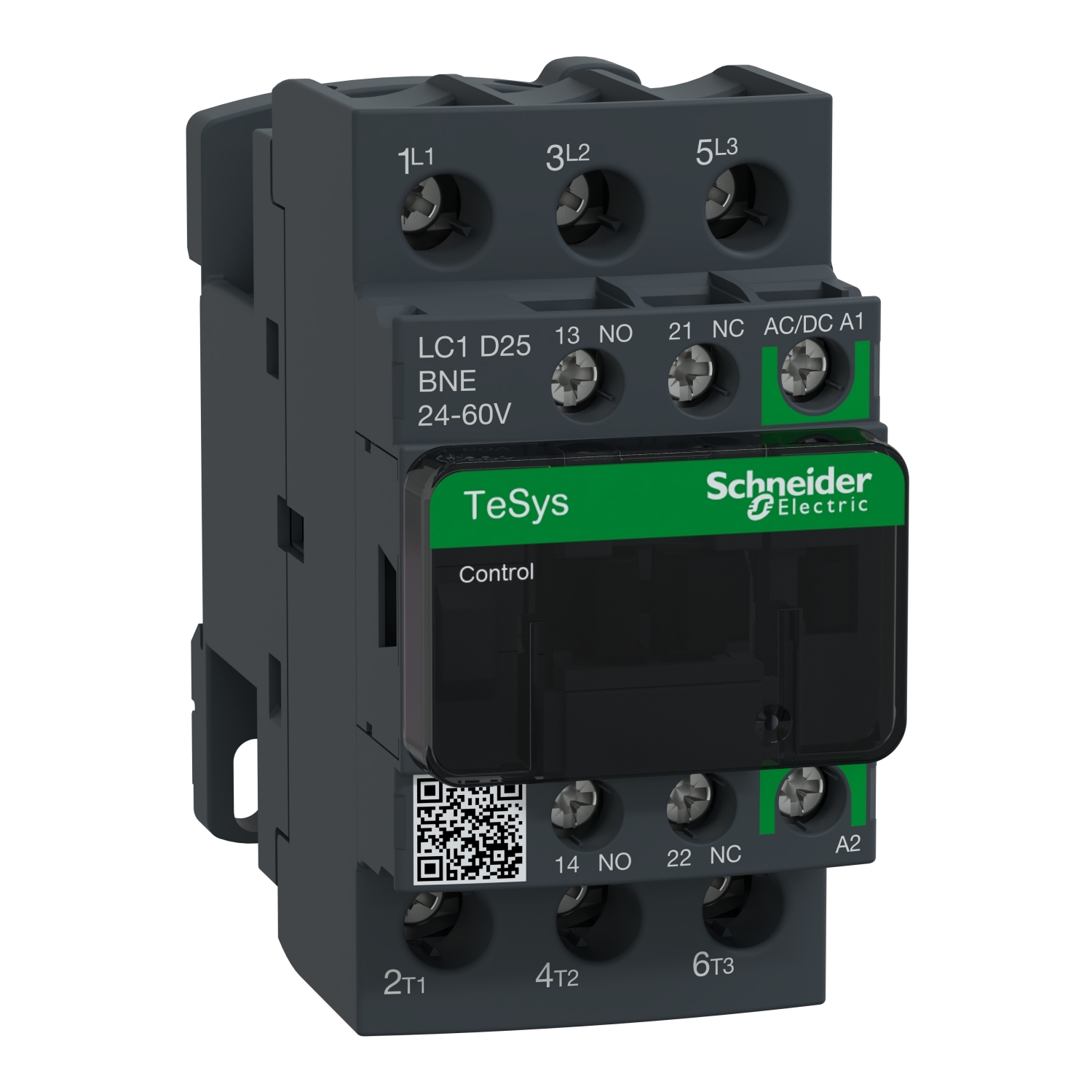 IEC contactor, TeSys Deca, nonreversing, 25A, 15HP at 480VAC, up to 100kA SCCR, 3 phase, 3 NO, 24/60VAC/VDC coil