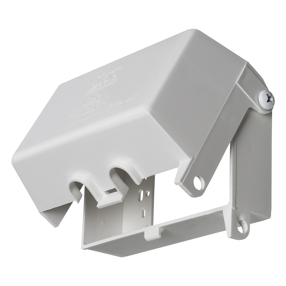 Dri-box adapter with non metallic cover and base. Accepts any wiring device and standard sized wall plate for a versatile NEMA 3R rated installation. Adapter is for a vertically mounted single gang box and has a white paintable cover. The depth is 2.9".