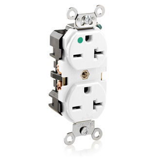 20 Amp, 250 Volt, Wide Body Duplex Receptacle, Hospital Grade, Self Grounding, White