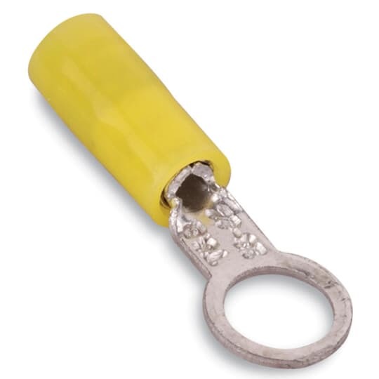 Nylon Insulated Ring Terminal, Length .75 Inches, Width .25 Inches, Maximum Insulation .083, Bolt Hole #8, Wire Range #26-#22 AWG, Color Yellow, Copper, Tin Plated