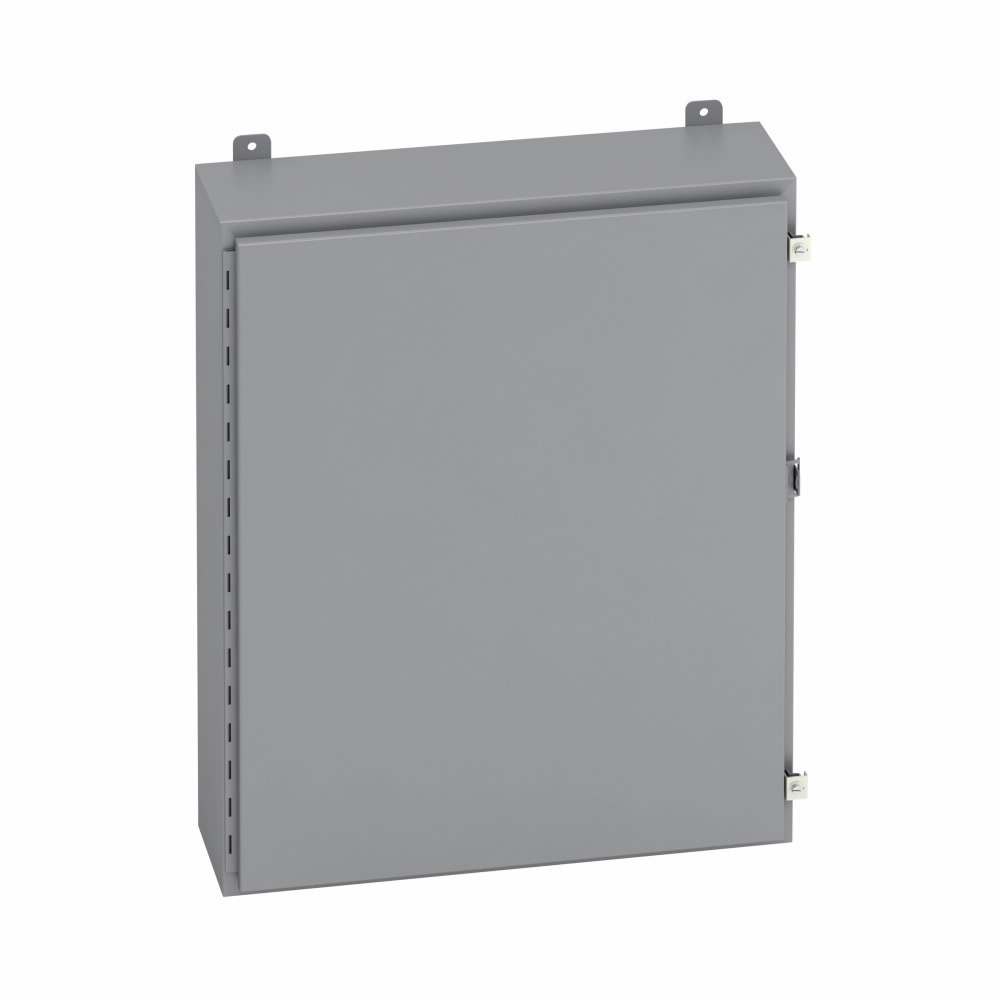 Eaton B-Line series wall mounted panel enclosure, 16" height, 8" length, 12" width, NEMA 12, Hinged cover, 12 enclosure, Wall mount, Small single door, External mounting feet, Carbon steel, Seamless poured in-place gasket