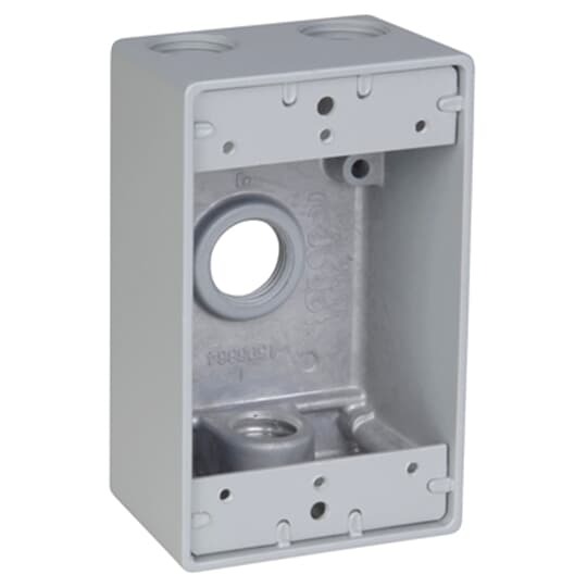 Single Gang Universal Weatherproof Box, 17 Cubic Inches, Hub Size 1/2 Inch, Silver, Aluminum, 4 Outlets, Two on Top, and One Bottom and Back, with Mounting Lugs