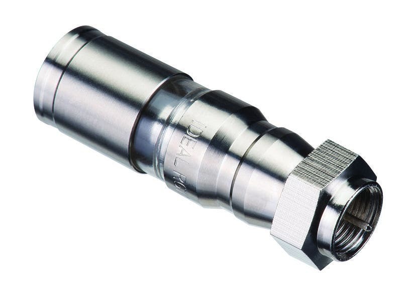 IDEAL, Compression Connector, F-Type, Conductor Range: 040 - 066 IN,18 - 14 AWG Solid, Material: Brass, Finish: Nickel-Plated, Overall Jacket Diameter: 0.390 - 0.410 IN, Coaxial Cable Type: RG-11, Dielectric Diameter: 0.277 - 0.285 IN