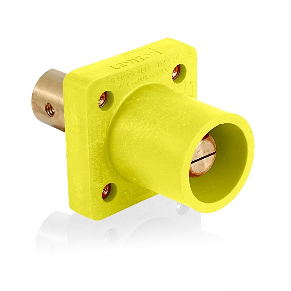 16 Series Single Pole Cam Type Male Panel Mount Receptacle, 90-Degree, Half Round w/ Tapped Hole, Cable Size #2 - 4/0, Max Amp 400A - Yellow