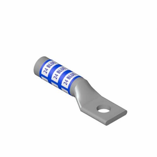 Copper One-Hole Lug, Long Barrel, Blind End, Max 35kV, Wire Size 750 kcmil, 1/2 Inch Bolt Size, Tin Plated, Die Code 106, Die Color Code Black