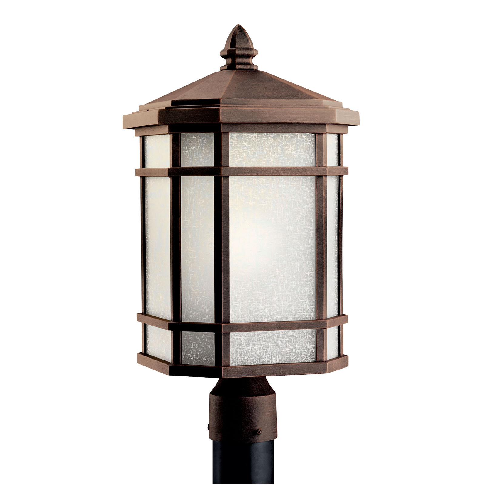 With the look of handcrafted finery, the simple design of this Arts and Crafts post top fixture from our Cameron(TM) collection is skillfully interpreted for todayfts homeowner.  The finish is our exclusive Prairie Rock(TM) adorned with White-Etched linen glass panels. 1-light, 150-W. Max. (M) 10in; Sq., Height 20in;. Post not included.  U.L. listed for wet location.