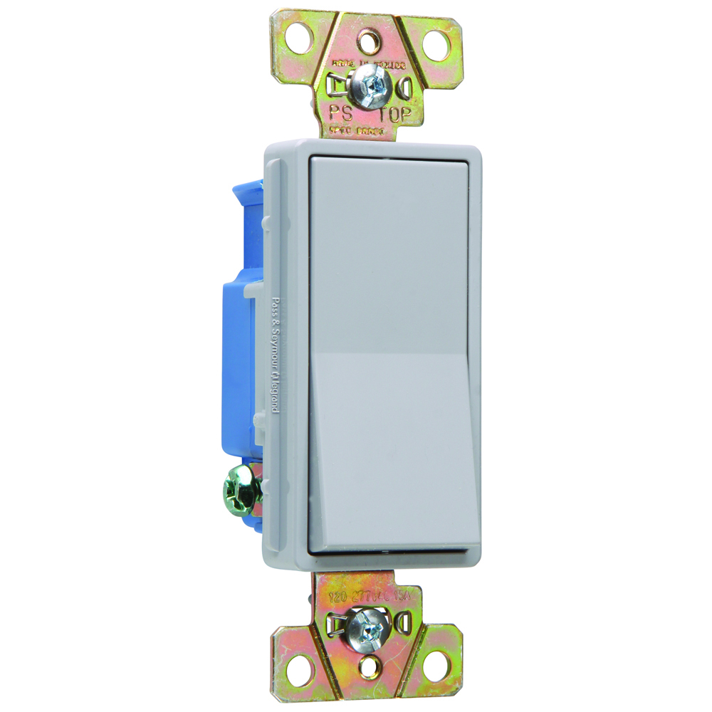 Single Pole, Back and Side Wire, Decorator Switch, 15 amps, 120/277 volts, Gray.