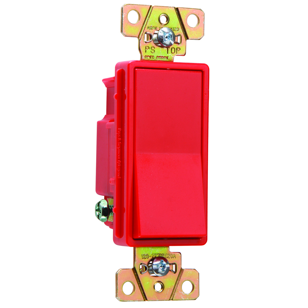 Single Pole, Back and Side Wire, Decorator Switch, 20 amps, 120/277 volts, Red.