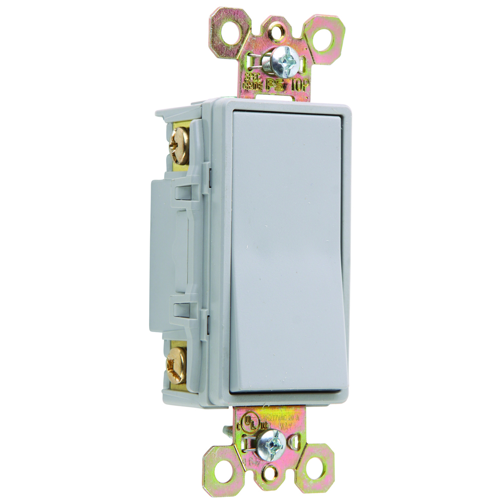 Four-Way, Back and Side Wire, Decorator Switch, 20 amps, 120/277 volts, Gray.