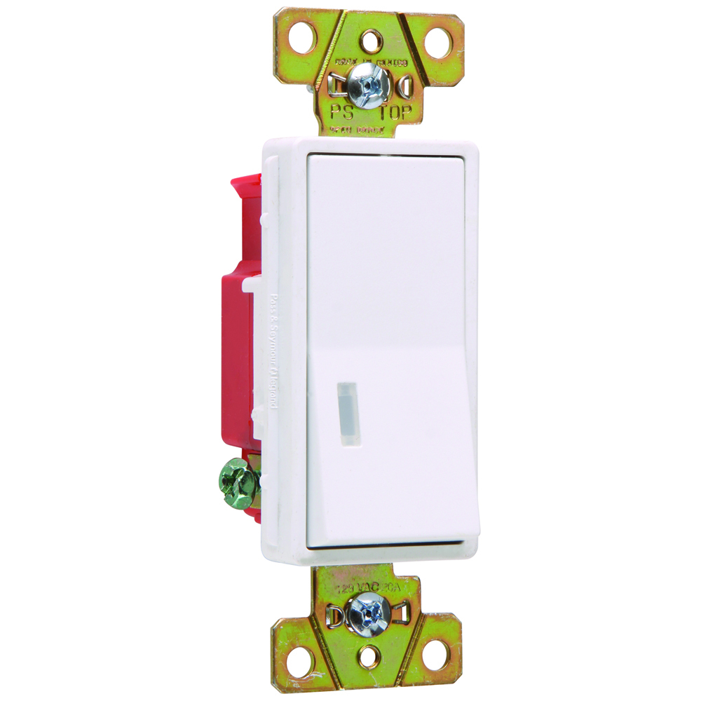 Single Pole, Back and Side Wire, Illuminated Decorator Switch, 20 amps, 120 volts, White.