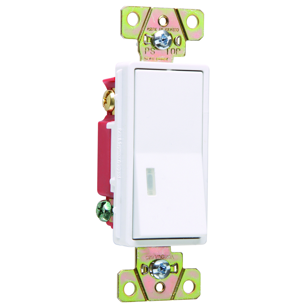 Three-way, Back and Side Wire, Illuminated Decorator Switch, 20 amps, 120 volts, White.