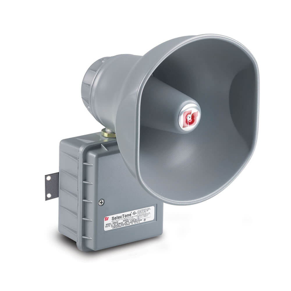 SelecTone 15 Watt Amplified Speaker, Hazardous Location, 120VAC, Gray - Available in 24VAC/DC, 120VAC and 240VAC. Reliable, solid-state circuitry. Digital signal amplification. Fused input and output. Built-in gain control, adjustable between 0 dBa to 110 dBa at 10 feet (0 dBa to 120 dBa at 1 meter). Cast copper free aluminum housing, spun aluminum projector. Type 4X, IP66 enclosure. IP69K compliant. Indoor/outdoor use. CSFM Approved. UL and cUL Listed for Class I, Division 2, Groups A, B, C and D & Class II, Division 2, Groups F and G & Class III.