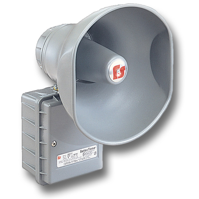 SelecTone 30 Watt Amplifed Speaker, 120VAC, Gray - Available in 24VAC/DC, 120VAC and 240VAC. Built-in gain control, adjustable between 0 dBa to 114 dBa at 10 feet (100 dBa to 124 dBa at 1 meter). Type 3R, IP54 enclosure. Digital signal amplification. Fused input and output. Indoor/outdoor use. CSFM Approved. UL and cUL Listed.