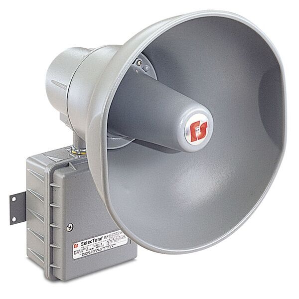 SelecTone 30 Watt Amplified Speaker, Hazardous Location, 120VAC, Gray - Available in 24VAC/DC, 120VAC and 240VAC. Reliable solid-state circuitry. Digital signal amplification. Fused input and output. Built-in gain control, adjustable between 0 dBa to 114dBa at 10 feet (0 dBa to 124 dBa at 1 meter). Type 4X, IP66 enclosure. IP69K compliant. External mounting tabs. Indoor/outdoor use. CSFM Approved. UL and cUL Listed for Class I, Division 2, Groups A, B, C and D & Class II, Division 2, Groups F and G & Class III.