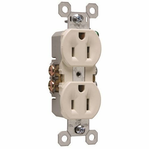 Duplex Grounding Receptacle made with high-impact resistant thermoplastic construction and long-term blade retention. It has ultrasonic welding of face to back body. 15 amp, 125 volt, Light Almond.