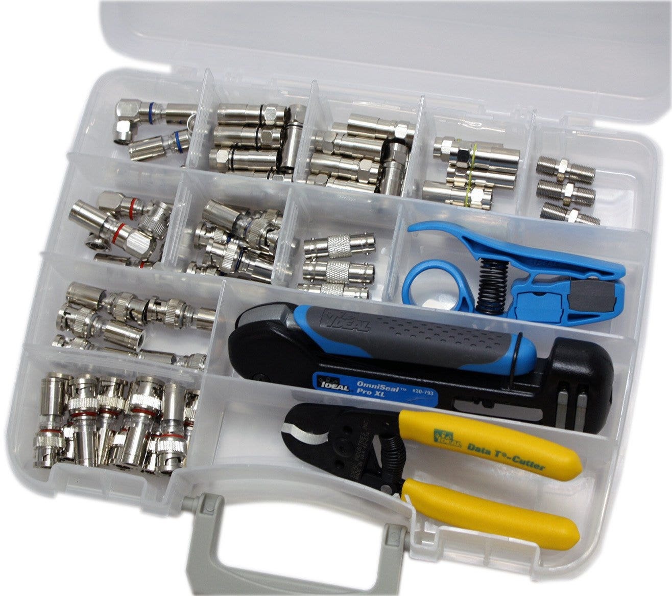 IDEAL, Compression Kit, Economy, Consist Of 2: 45-074 Data T-Cutter, Consist Of 1: 30-633 Economy F-Connector Compression Tool, Consist Of 3: 45-526 Coaxial Stripper, 2-Step, Consist Of 4: 92-610 RG-59 Reg/Tri/Quad Compression F-Connector, Jar Of 50, Consist Of 5: 92-650 RG-6 Reg/Tri/Quad Compression F-Connector, Jar Of 50, Includes: The Tools And Connectors To Cut, Strip And Terminate Coax Cables