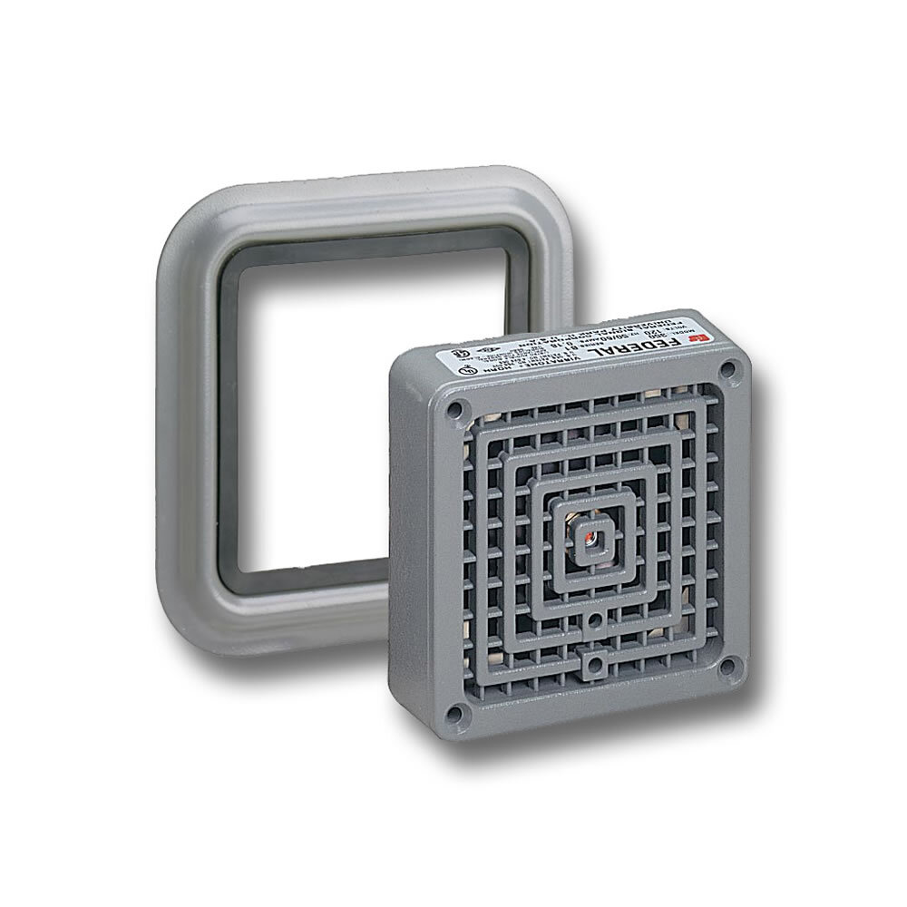 Vibratone Horn With Weatherproof Trim Ring, 120VAC - Available in 24VAC and 120VAC. Produces 100 dBa at 10 feet (110 dBa at 1 meter). Coded or sustained tones. Surface or flush mount. Type 4X and Type 12 enclosure. UL and cUL Listed.