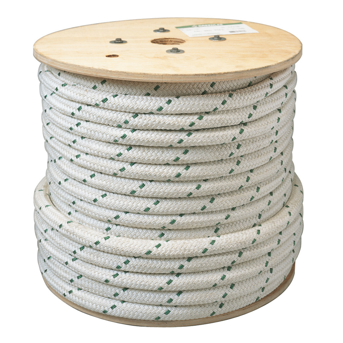 Double-Braided Composite Rope for Cable Pullers, 300' length with 4,000 pound Maximum Rated Capacity.  Double-braided inner core with an extra double-braided outer jacket for added strength and less stretch.  White with green tracer.  Rot and mildew resistant.  Factory spliced eyes at both ends.  Lowest stretch.  Select a rope with a maximum rated capacity that meets or exceeds the cable puller's maximum pulling force.