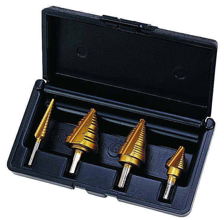 IDEAL, Step Bit Kit, Electrician's, Consist Of 1: 35-511 1/8 To 1/2 Bit Diameters Sizes (IN), Consist Of 2: 35-513 1/4 To 7/8 Bit Diameters Sizes (IN), Consist Of 3: 35-515 1/4 To 1-1/8 Bit Diameters Sizes (IN), Consist Of 4: 35-517 1/4 To 1-3/8 Bit Diameters Sizes (IN), Includes: 35-511, 35-513, 35-515, And 35-517