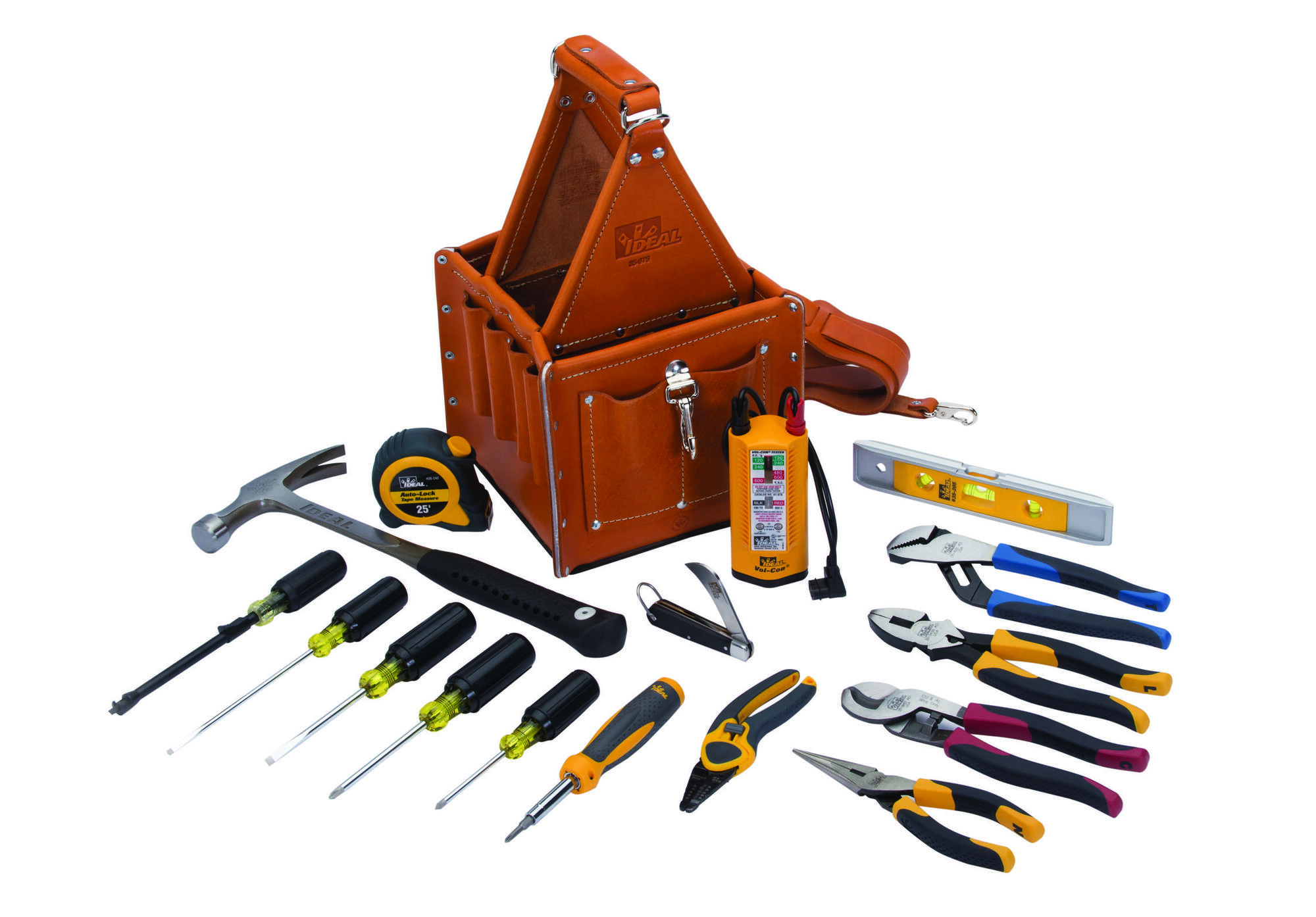 IDEAL, Hand Tool Kit, LASERedge, Consist Of 1: Four LASERedge Pliers with Smart-Grip Handles (35-3012 9-1/4 IN Linesman with Fish Tape Puller, 35-3038 8 IN Long Nose,35-3430 10 IN Tongue and Groove, 35-3052 9 1/2 IN Cable Cutter), Consist Of 2: 45-915 Kinetic Reflex T-Stripper Wire Stripper, Consist Of 3: 35-908 7-In-1 Twist-A-Nut Screwdriver, Consist Of 4: Five Cushion Grip Screwdrivers (35-193 1 x 3 Phillips,35-194 2 x 4 Phillips, 35-186 3/16 IN x 6 Slotted Cabinet Tip,35-164 1/4 IN x 4 Slotted Round Shank, 35-406 3/16 IN x 6 Screw Holding Slotted), Consist Of 5: 35-286 Hawkbill Knife, Includes: 35-210 Electricians Hammer, 35-242 25 FT Auto-Lock Tape Measure, 35-205 Torpedo Level, 61-086 Vol-Con XL Voltage/Continuity Tester, 35-975 Tuff-Tote Premium Leather Tool Carrier, Number Of Pieces: 17