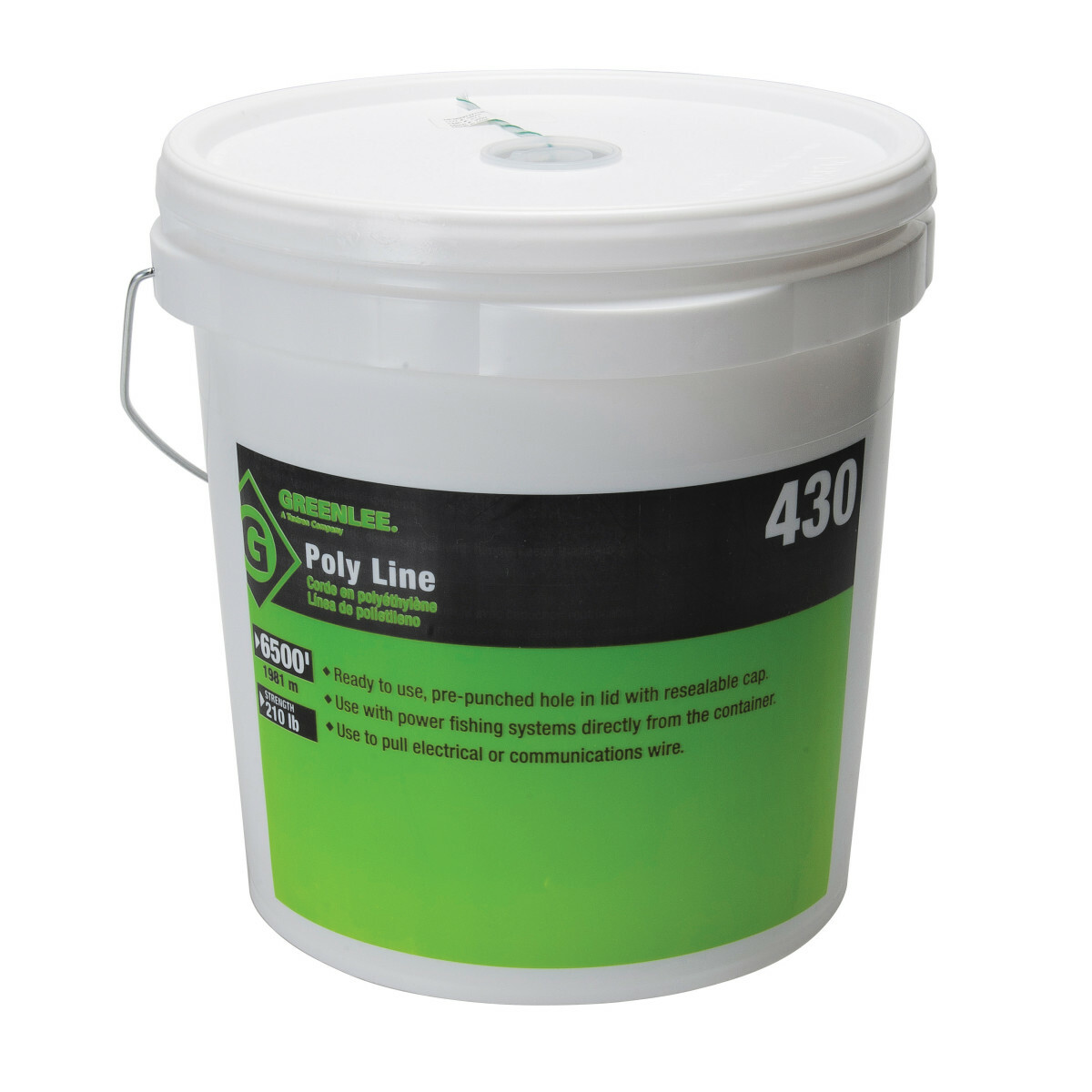 Twine, Spiral Wrap 1 Ply Poly Line 6500'.  Ready-to-use, pre-punched hole in lid with resealable cap.  Use with power fishing systems directly from the container.  Resists tangling when dispensing.  Rot and mildew resistant.  Handy reusable plastic dispenser pail with handle keeps the line dry.  Use to pull rope through conduit.