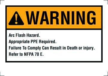 Self-Sticking NEC Arc Flash Protection Label, Polyester, 5 IN Length, 3-1/2 IN Width, Black Legend Color, Warning Legend, Yellow/White Background, Package: 5/Bag, National Electric Code 110.16