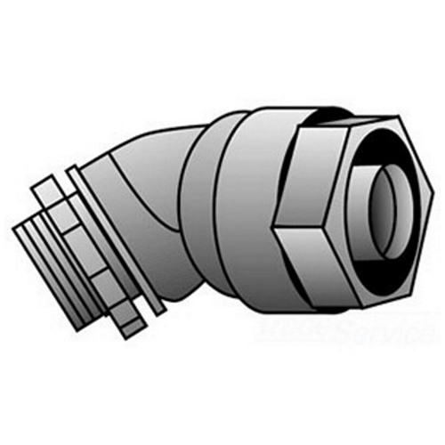 OZ-Gedney Type 4Q Liquid Tight 45 DEG Connector, Size: 1/2 IN, Connection: Compression X Tapered MNPT Hub, Malleable Iron Body And Nut, Steel Ferrule, Finish: Zinc Electroplated, NEMA Rating: NEMA 4, 1-1/4 IN Width, Dimension A: 1-7/8 IN, 9/16 IN T