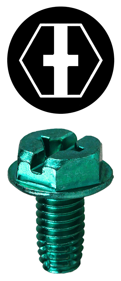 Ground Machine Screw, 3/8 in. length, 5/16 in. Size, Steel material, Green Zinc Plated Finish, Thread Cutting Point Style, Hex, Phillips, Slotted, Square drive, #10 diameter, 32 thread count, Tuff Pack