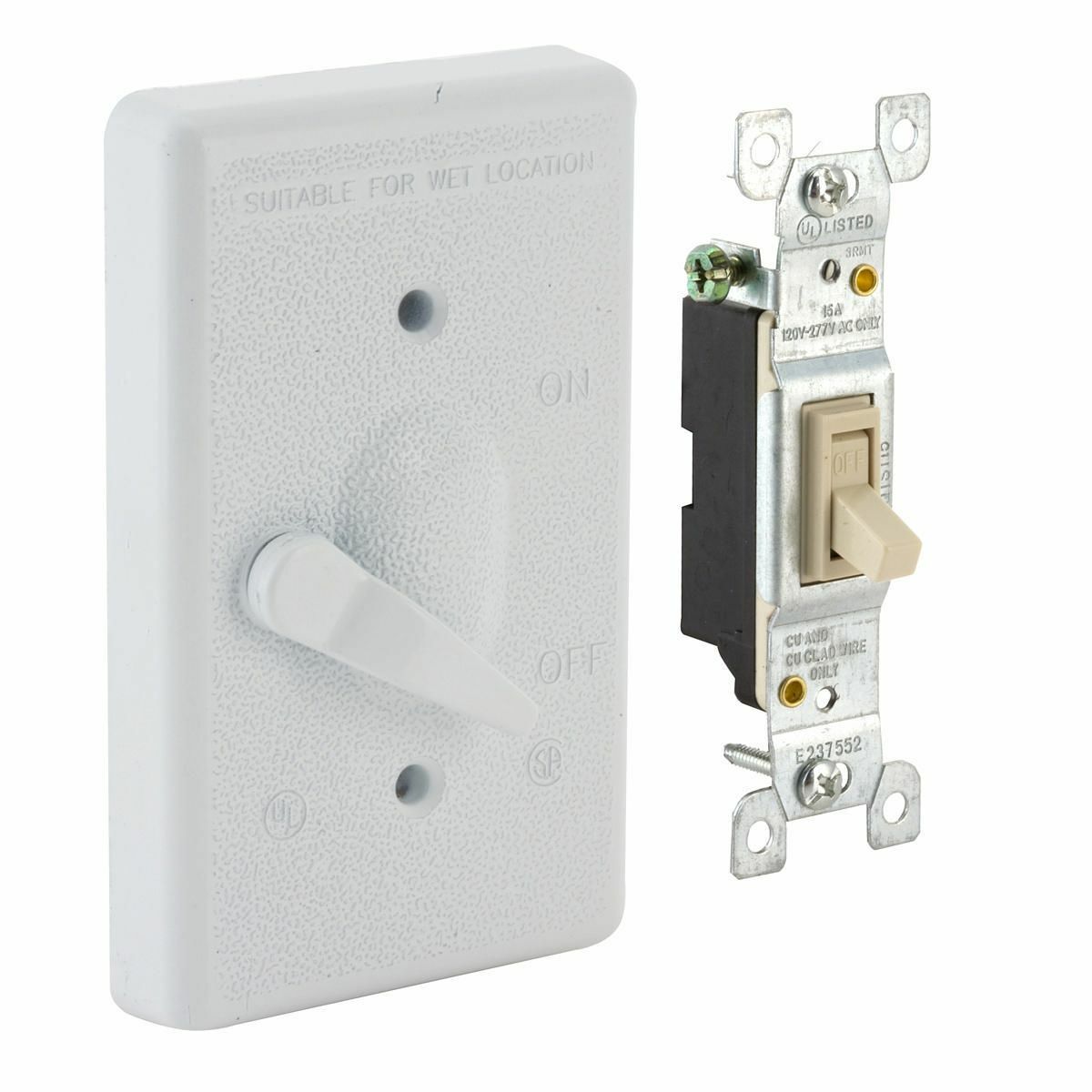1-Gang Weatherproof Cover, Vertical, Toggle Single Pole 125V, 15A SwitchIncluded, White