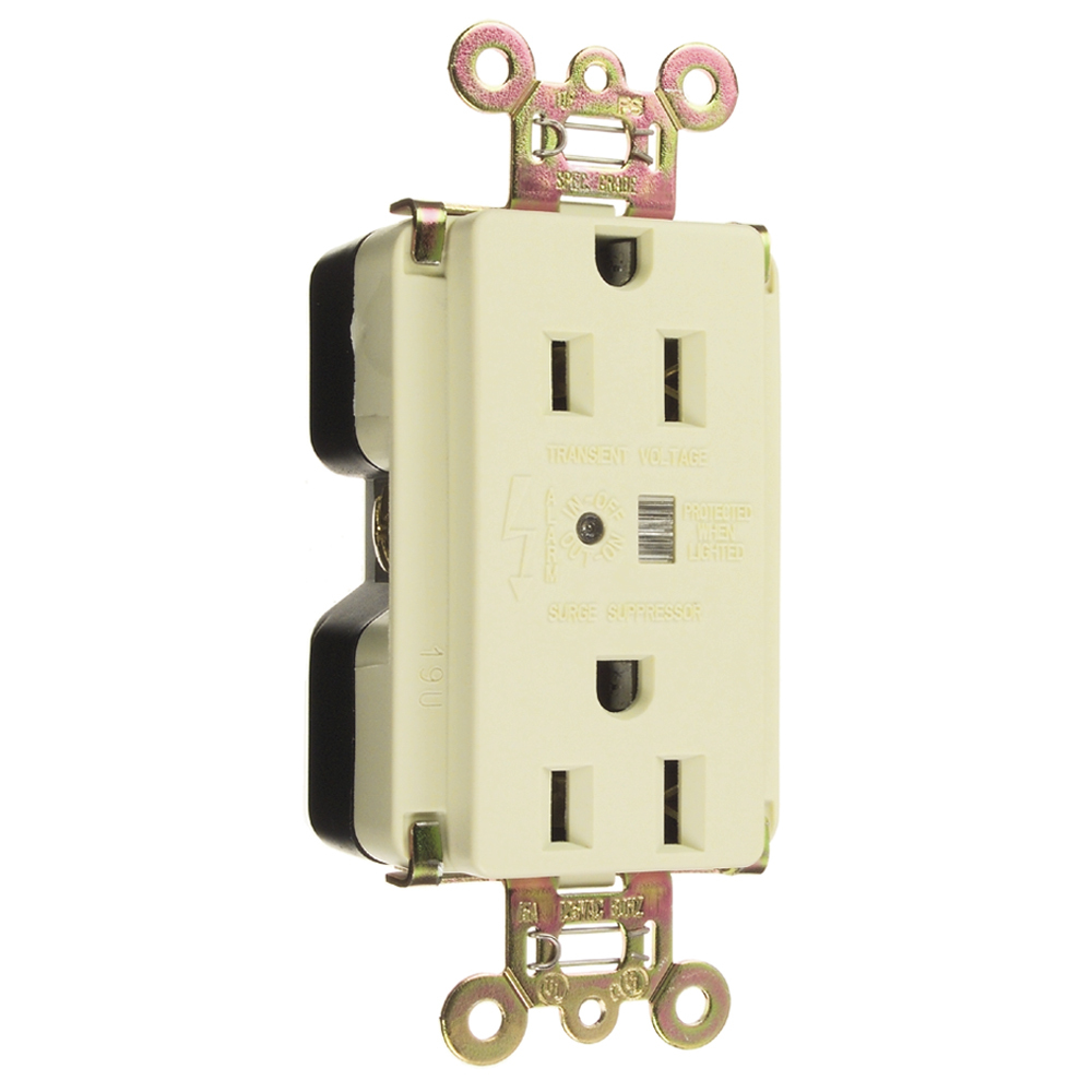 Surge Protective Extra Heavy-Duty Duplex Receptacle offers increased transient protection, reliability and protection notification (Audible Alarm with LED Indicator). Back and, Side Wire, 15amp 125volt, Ivory.