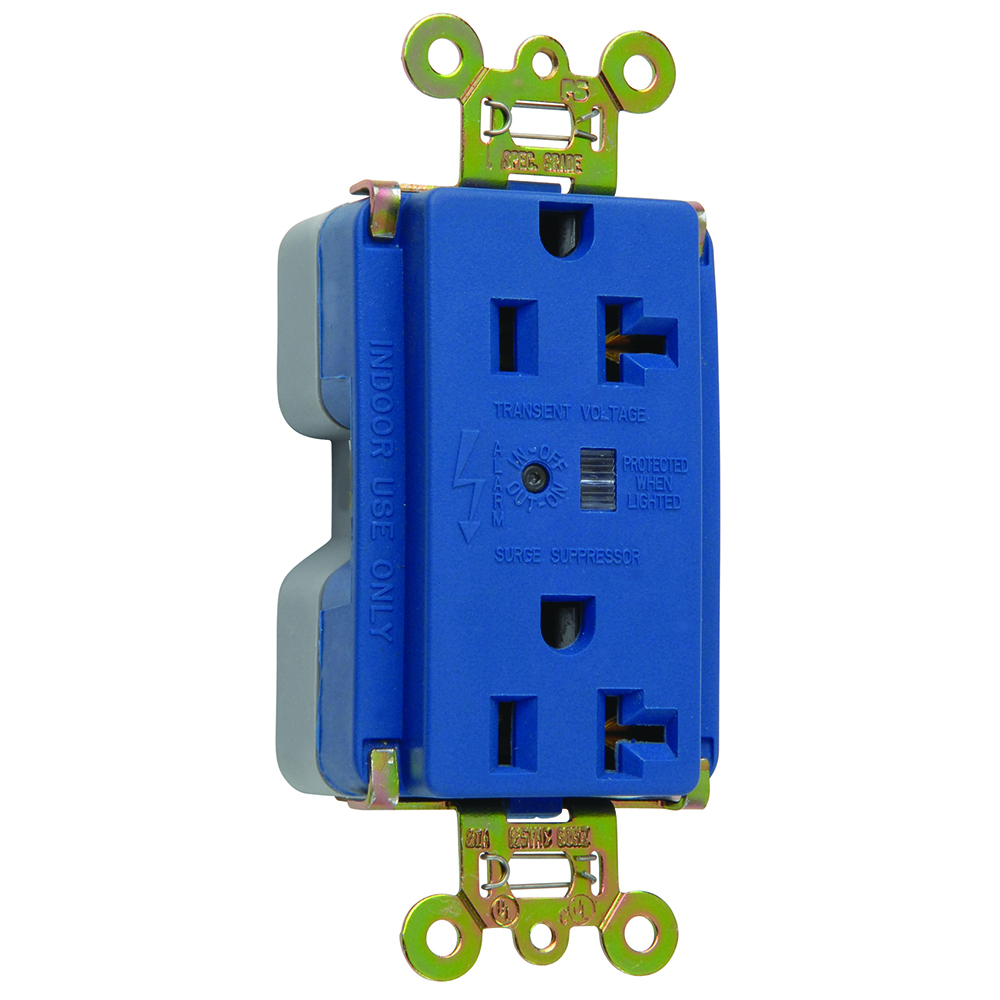 Surge Protective Extra Heavy-Duty Duplex Receptacle offers increased transient protection, reliability and protection notification (Audible Alarm with LED Indicator). Back and, Side Wire, 20amp 125volt, Blue.
