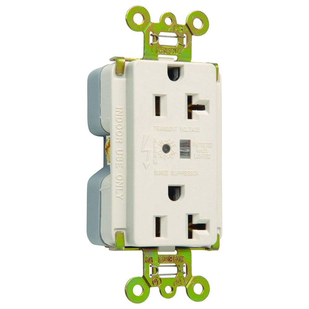 Surge Protective Extra Heavy-Duty Duplex Receptacle offers increased transient protection, reliability and protection notification (Audible Alarm with LED Indicator). Back and, Side Wire, 20amp 125volt, Light Almond.