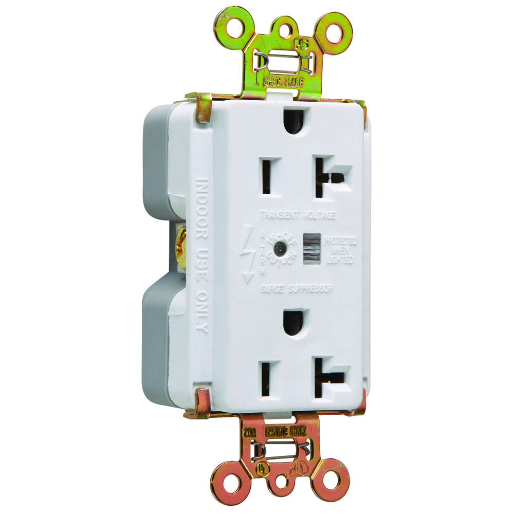 Surge Protective Extra Heavy-Duty Duplex Receptacle offers increased transient protection, reliability and protection notification (Audible Alarm with LED Indicator). Back and, Side Wire, 20amp 125volt, White.