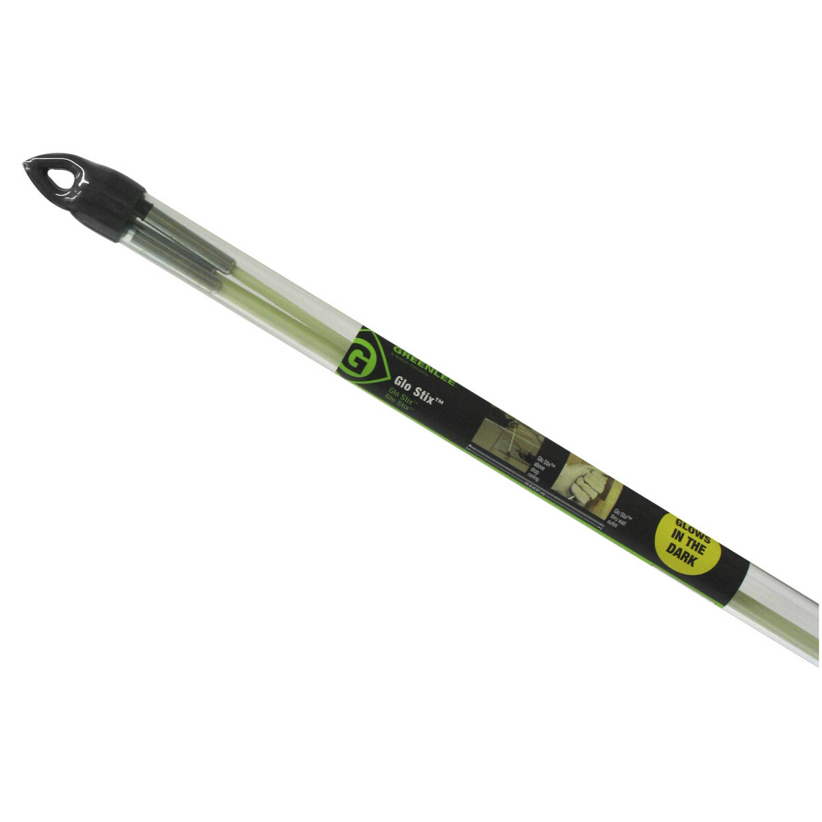 Glo Stix Kit 3/16" x 15' (4.7mm x 4.6m) with Bullet and "J" Hook Nose Tips.  Fish Stix Luminescent fiberglass rods glow in the dark to make fishing voice, data and video wires easier in dark spaces, such as above ceilings, in walls, and below sub-floors.  More flexible for fishing in walls through outlet box holes.  Sturdy, steel-threaded connectors are interchangeable with Greenlee 1/4" (6.4 mm) Fish Stix.  Clear, non-metalic storagetube keeps Glo Stix charged and ready to use.  200 lbs. (0.9 kN) maximum pulling strength.  Optional Whisk Nose Tip is available for fishing over obstacles, and can be used to guide extended Glo Stix sideways above ceilings by rotating.  Can also be used to fish longer lengths by providing a tip that can be snagged from the opposite direction with another extended Fish or Glo Stix with a hook nose tip.